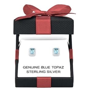 Genuine Blue Topaz 925 Sterling Silver Emerald Cut Stud Earrings in Gift Box NEW